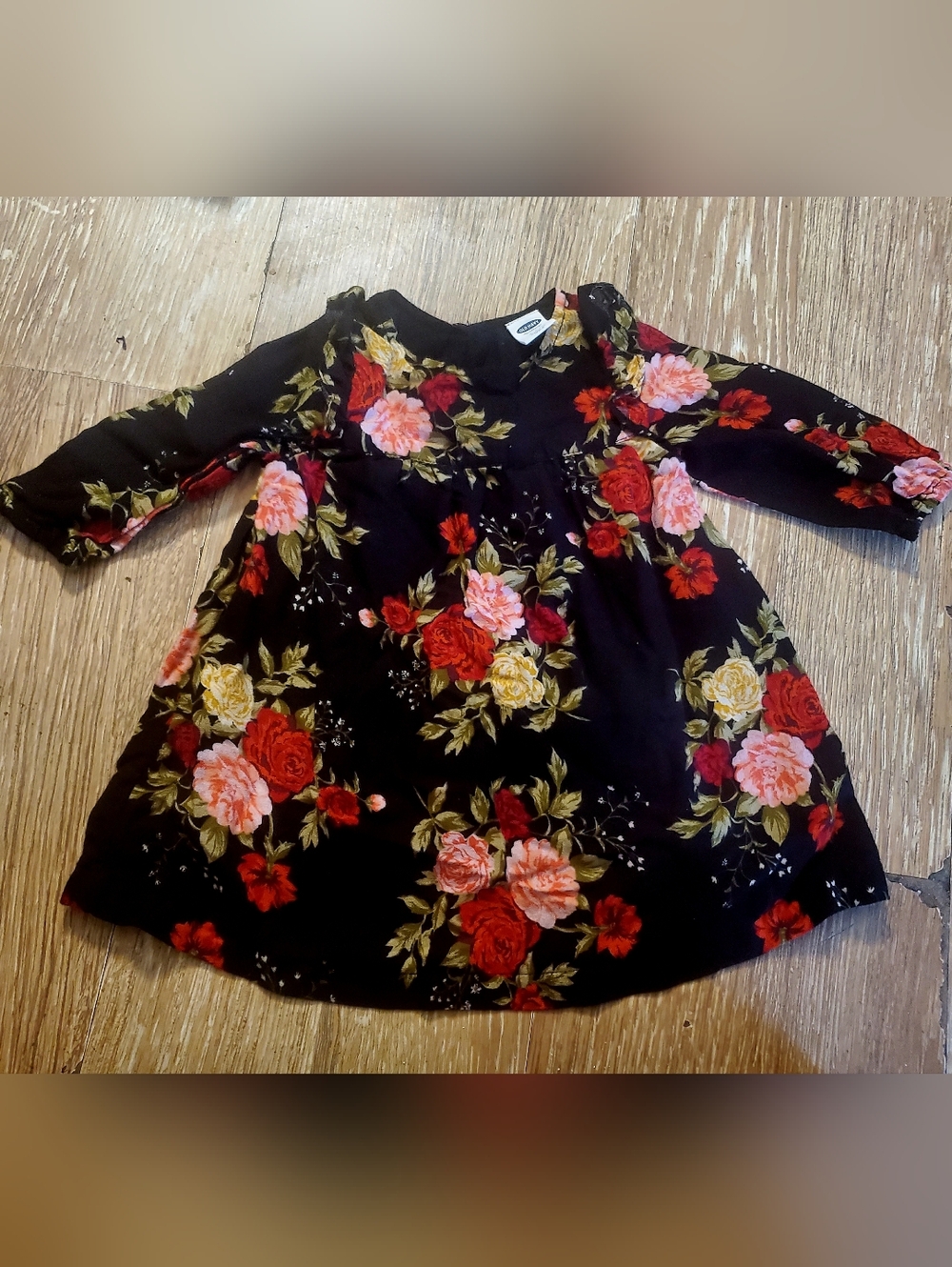 Old Navy Black Floral Long Sleeve Baby Dress with Red & Pink Roses